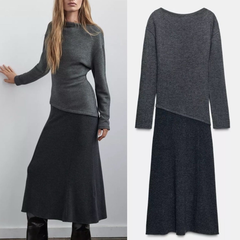 Zara NWT Gray combination midi knit drop waistdress